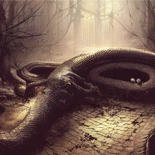 Prompt: a big anaconda in a dark grave squeezing around a buried body, cemetery, horror ,digital art,realistic,detailed,art by greg rutkowski