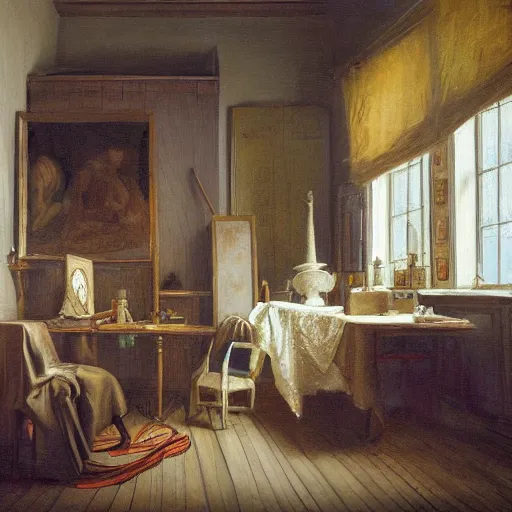 Image similar to painting of the room of an artist, very detailed