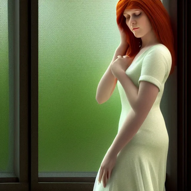 Prompt: an amazing!! render of a woman with auburn hair and a white veil on her head wearing a green dress sitting in front of an open window, an ambient occlusion render, featured on zbrush central, hyper realistic art, neural pointillism, houdini, zbrush, warm earth tones, natural light