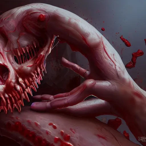 Image similar to a pc made out of flesh, computer made out of human flesh, skin on the gaming pc, skinned alive, blood, teeth, intricate, highly detailed, digital painting, artstation, concept art, smooth, sharp focus, illustration,