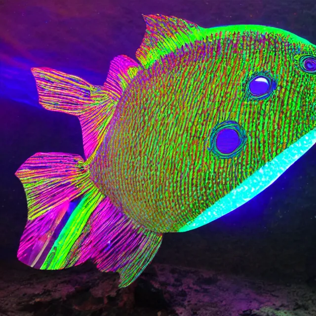 Image similar to megalophobia ultra detailed giant glowing rainbow crystal fish with laser eyes and a heart of gold