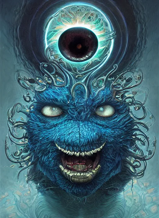 Image similar to cookie monster glowing eyes, shamanic poster lsd art, intricate, elegant, highly detailed, centered, digital painting, artstation, concept art, smooth, sharp focus, illustration, artgerm, tomasz alen kopera, peter mohrbacher, donato giancola, joseph christian leyendecker, wlop, frank frazetta