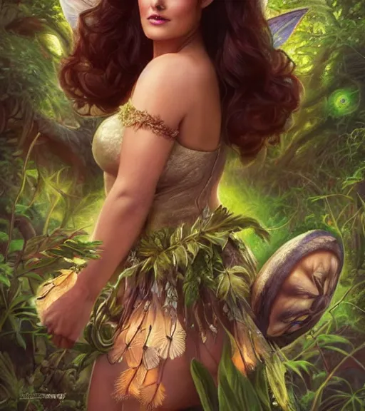 Image similar to Disney art of Salma Hayek as a fairy in a forest on a mushroom, by artgerm, makoto sinkai, magali villeneuve, Gil Elvgren, Earl Moran,Enoch Bolles, symmetrical,