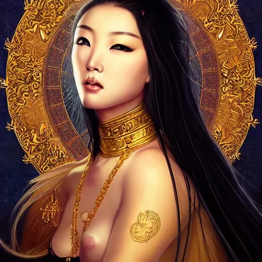 Prompt: beautiful portrait of a sexy mongolian princess in a sensual pose covered with golden ornate armor, centered sexy face with full makeup, atmospheric lighting, intricate, volumetric lighting, beautiful, sharp focus, ultra detailed, in the art style of bowater, charlie, brom, gerald, lake baikal in the background, astrophotography