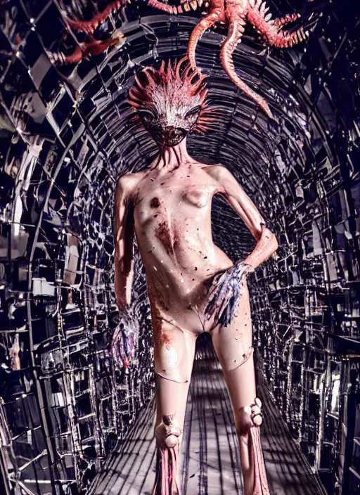 Image similar to walking down the catwalk, steven klein, show, stage, vogue photo, podium, fashion show photo, iris van herpen, beautiful woman, full body shot, helmet on face, masterpiece, plant predator, guyver, jellyfish, biomechanical details, movie still, fauvism, cinestill, bokeh, gelios lens