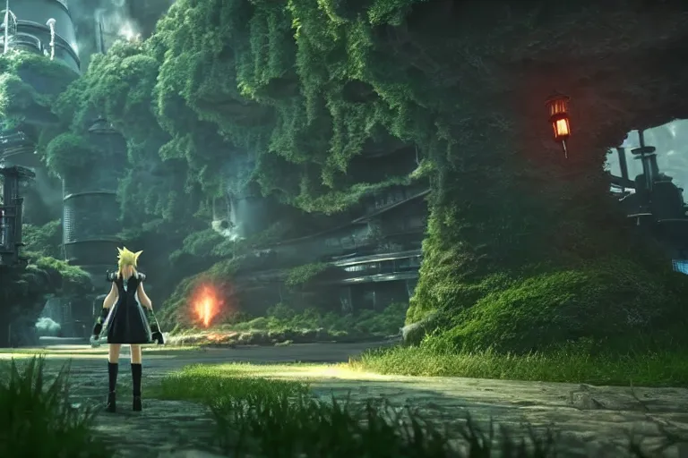 Image similar to game trailer of a final fantasy 7 for playstation by studio ghibli, sharp, final fantasy seven trailer still, steampunk forest, landscape, cinematic lighting, ray tracing, unreal engine 5, photorealistic