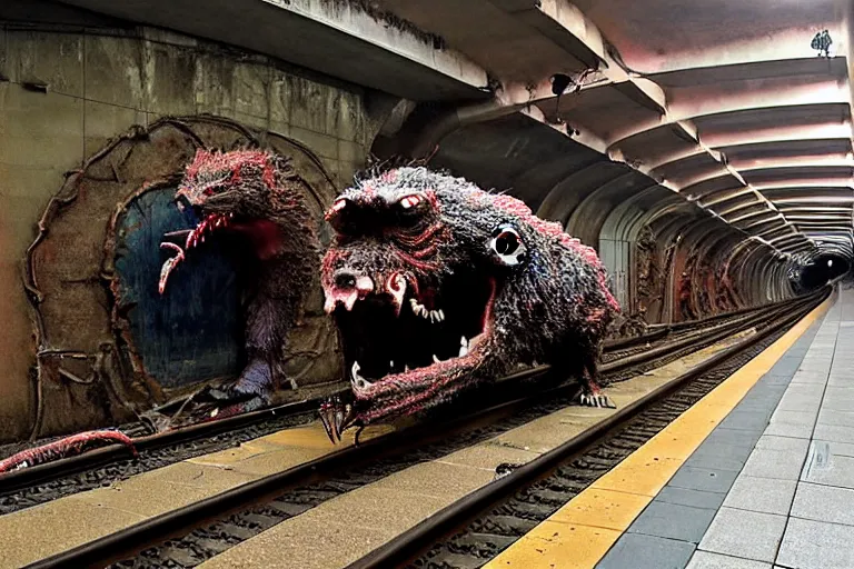 Image similar to very large giant mutant zombie irradiated ( angry rat ) staying on railways in tonnel of moscow subway. tonnel, railways, giant angry rat, furr, fangs, very realistic. extreme long shot, rusty colors, ( herman nitsch, giger ), anish kapoor.