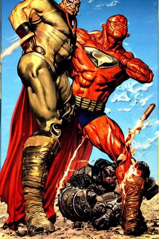 Image similar to dynamic action shot full body and head portrait of dave bautista as superhero juggernaut, painted by norman rockwell and phil hale and greg staples and tom lovell and frank schoonover and jack kirby, dune 1982 movie