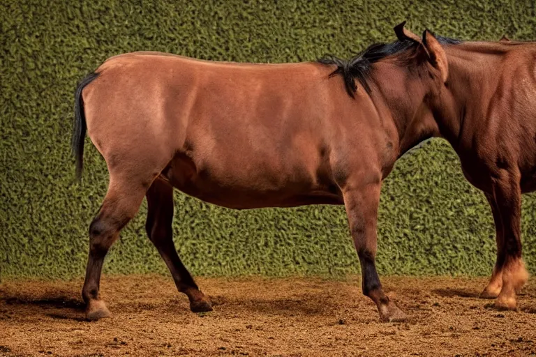 Prompt: a horse bull!!! hybrid! hyper realistic!! realistic lighting!! wildlife photographer of the year!!! bold natural colors, national geographic, hd, wide angle, 8 k