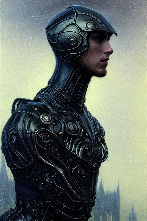 Image similar to portrait of beautiful gothic and futuristic young man, more thunderstorm, cyber armor, a lot of scars, firestorm head, the middle ages, highly detailed, artstation, illustration, art by jean delville, 8 k quality, art by greg gandy and dragan bibin