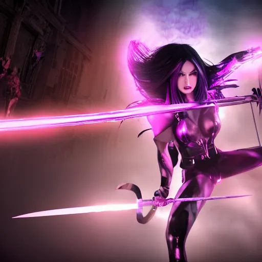 Image similar to ultra realistic, hyper realistic gorgeous goth psylocke fighting army of demons with a samurai sword, physical based render, cinematography, octane, photorealistic, gorgeous, symmetrical, unreal engine