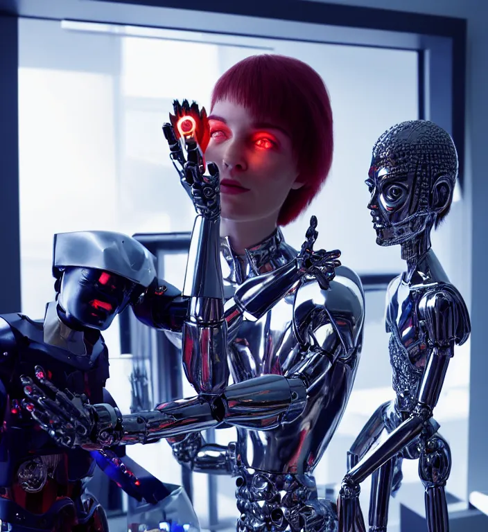 Image similar to professional 8k soviiiet portrait photograph of a young androgyne-cyborg sculpting a small chrome robot sculpture in a futuristic bright studio, by Raphael Santi, still from a 1999 movie by Gaspar Noé and James Cameron.