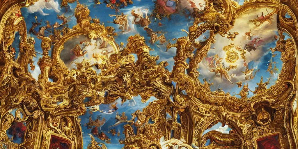 Image similar to beautiful!!! ornate heavenly!!! gold rococo megastructure in the style of heironymus bosch, colorful intricate masterpiece, hyper detailed, hd