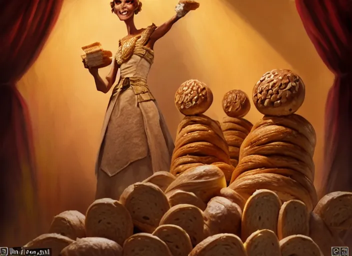 Prompt: a character made entirely out of bread giving a speech at a podium and wearing royal clothing, by marco bucci and frank frazetta, magic : the gathering fantasy concept art, high resolution. there is an audience of bread - people - hybrids in the background, fantasy coloring, intricate, digital painting, artstation, smooth, sharp focus