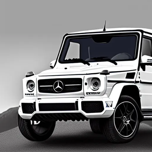 Image similar to White 2019 Mercedes G63, photorealistic, highly detailed, digital painting, artstation, concept art, smooth, sharp focus, illustration, art by John Baeder