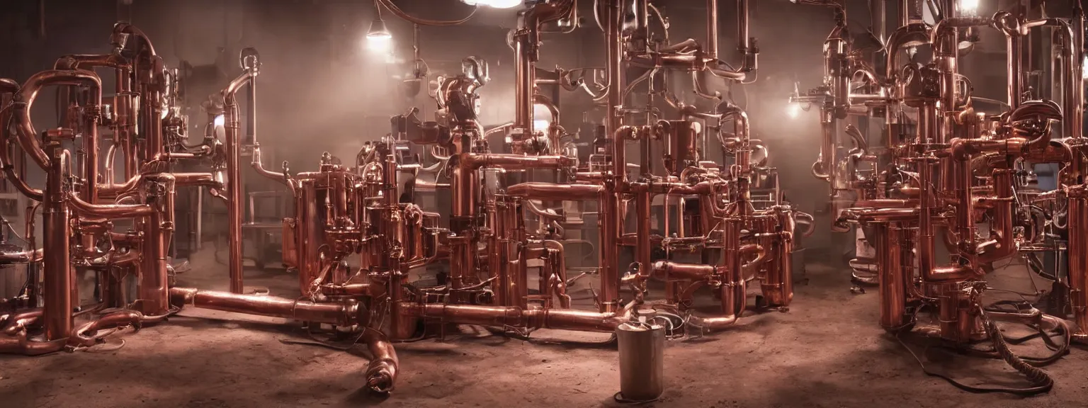 Image similar to a super high resolution film still of machine apparatus for making snake oil, huge copper machine fed by a hopper of snakes, purple and green pipework, directed by denis villeneuve, 8 k, snake machine, cinematic lighting