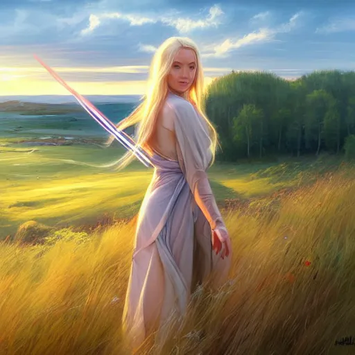 Image similar to blonde female jedi, Swedish countryside, landscape view, archipelago, freedom, dawn, sunrise, beautiful, by Vladimir Volegov, wlop, artstation