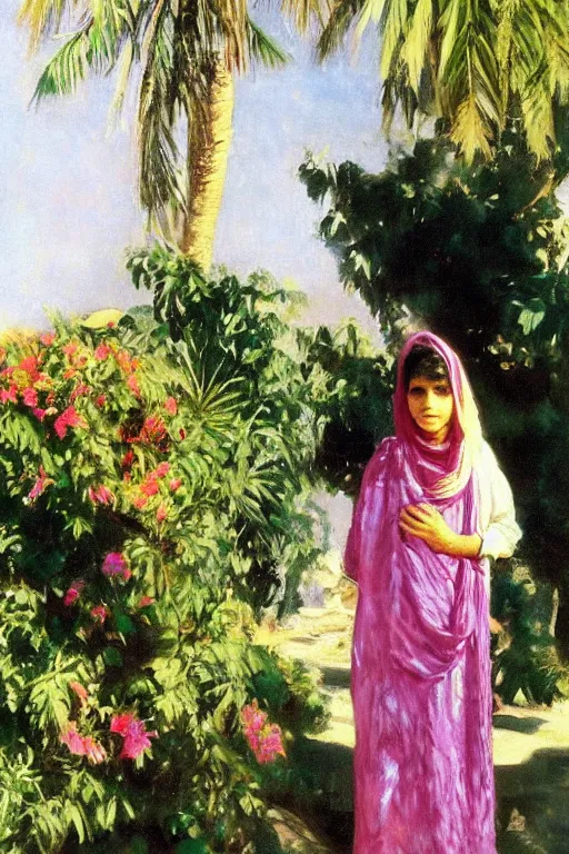 Image similar to a persian girl with agreen rabesque scarf near bougainvillea and palm trees, ahwaz city in iran, painting by john singer sargent