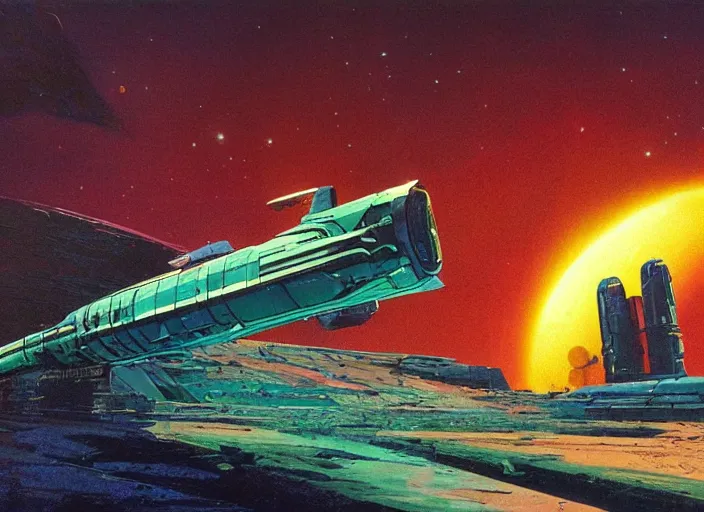 Image similar to a huge vividly - coloured spacecraft in an empty landscape by martin deschambault, dean ellis, peter elson, chris foss, josan gonzalez, david a hardy, john harris, wadim kashin, angus mckie, bruce pennington, retro 1 9 6 0 s sci - fi art