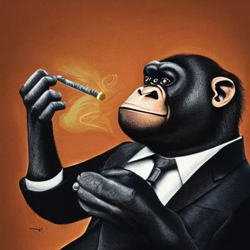 Image similar to a high detail photo of an antropomorphic chimp wearing a suit smoking a cigarrette, subject= chimp, subject detail: wearing a suit, subject action: smoking a cigarrette photorealism