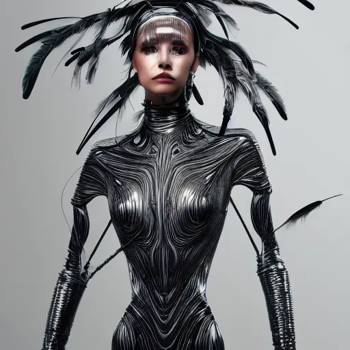 Prompt: hyper realistic woman figure dressed in futuristic dress, with a weird head piece on her head, made of wires, made of feathers, masterpiece, trending on artstation, photograph