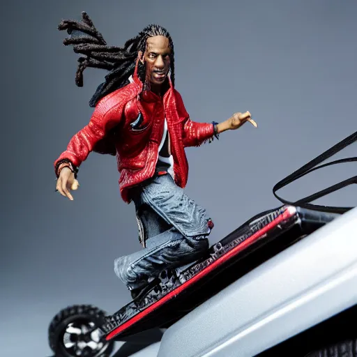 Image similar to travis scott action figure with dreads standing on top of a black rc pickup truck, close up studio photograph, white background