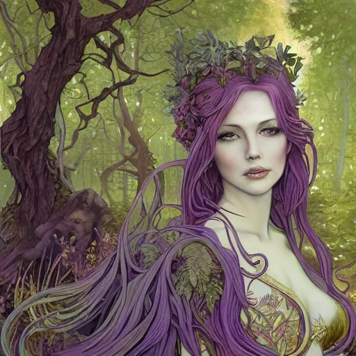Prompt: painting of alluring woman in the darkened green forest at midnight, detailed face, flowing purple hair, skintight tunic, silver flute, smooth, sharp focus, award - winning, masterpiece, extremely detailed, intricate, art by rebecca guay, rossdraws