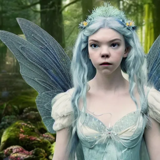 Image similar to older anya taylor - joy as a beautiful fairy, 8 k resolution hyperdetailed photo realistic, extremely high quality and life like