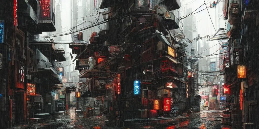 Image similar to Cyberpunk back alley on a rainy day in Japan, low angle view, detailed matte painting, cinematic, Moebius, Artstation