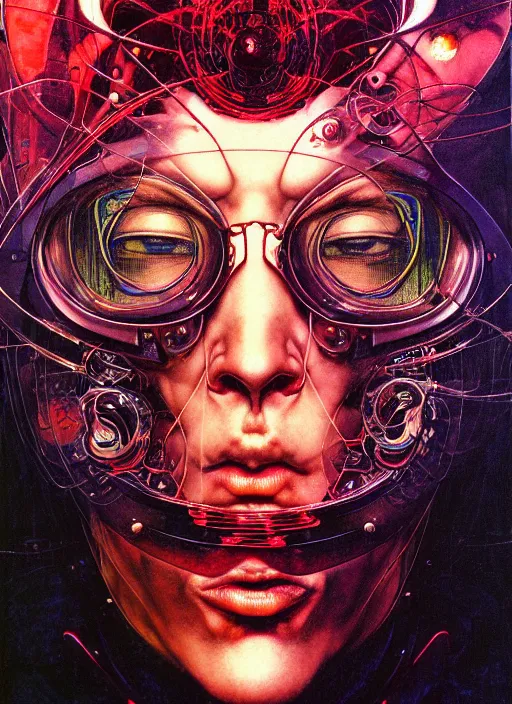 Prompt: modern cyberpunk rider connected to the fractal, by francis bacon, by ayami kojima, by amano, by karol bak, greg hildebrandt, by mark brooks, by alex grey, by zdzisław beksinski, by takato yamamoto, ultra detailed, high resolution, ultra detailed, wrapped thermal background