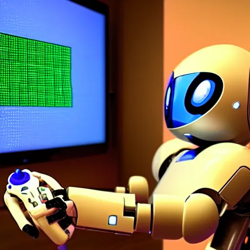 Prompt: a elaborate robot coding, on screen old video game shown, robot hold a controller