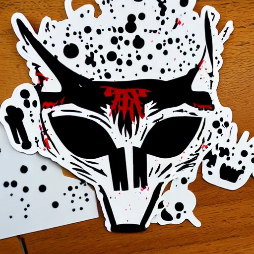 Image similar to die cut sticker, princess mononoke mask, splatter paint