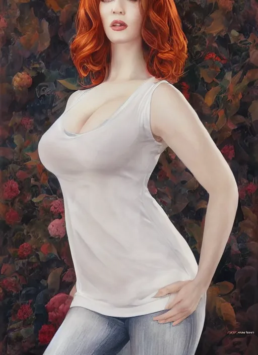 Prompt: full length photo of gorgeous christina hendricks in a tanktop in the style of stefan kostic, realistic, sharp focus, 8k high definition, insanely detailed, intricate, elegant, art by stanley lau and artgerm