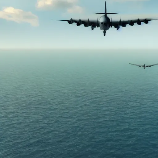 Prompt: an AC-130 flying over the sea, 3d render, octane, ray tracing, high detail, photorealistic, 8k