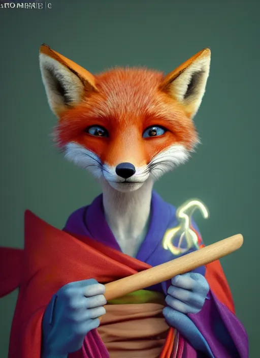 Image similar to an anthropomorphic beautiful female fox wizard portrait holding a staff wearing colourful robe, fine art, award winning, intricate, elegant, sharp focus, octane render, hyperrealistic, cinematic lighting, highly detailed, digital painting, 8 k concept art, art by jamie hewlett and z. w. gu, masterpiece, trending on artstation, 8 k