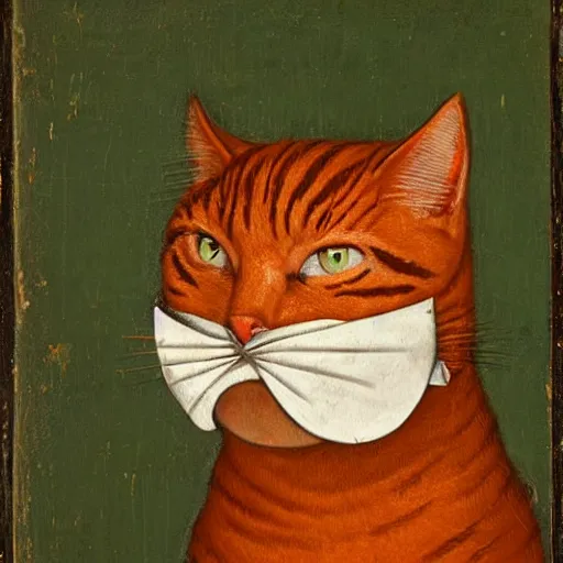 Prompt: A tough looking orange cat wearing helmet and an eyepatch, medieval portrait