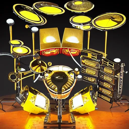 Image similar to huge robotic drumset on a stage with a golden shiny electric guitar amp, the drumset is futuristic steampunk style with gears and tubes, 8 k, fluorescent colors, halluzinogenic, multicolored, exaggerated detailed, unreal engine - h 7 6 8