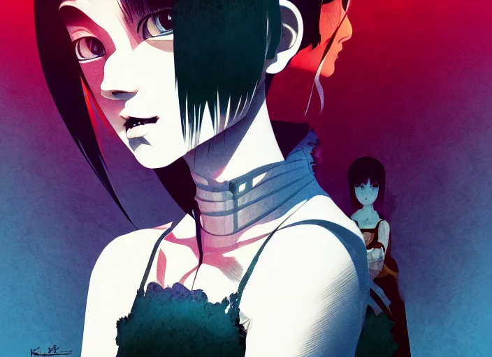 Image similar to editorial illustration by Karolis Strautniekas and Mads Berg, colorful, anime portrait vampire princess miyu, katsuhiro otomo, manga, Ilya kuvshinov,fine texture, manga shading, fine details, matte colors, film noir, dramatic lighting, dynamic composition, moody, vivid, volumetric,Narumi Kakinouchi