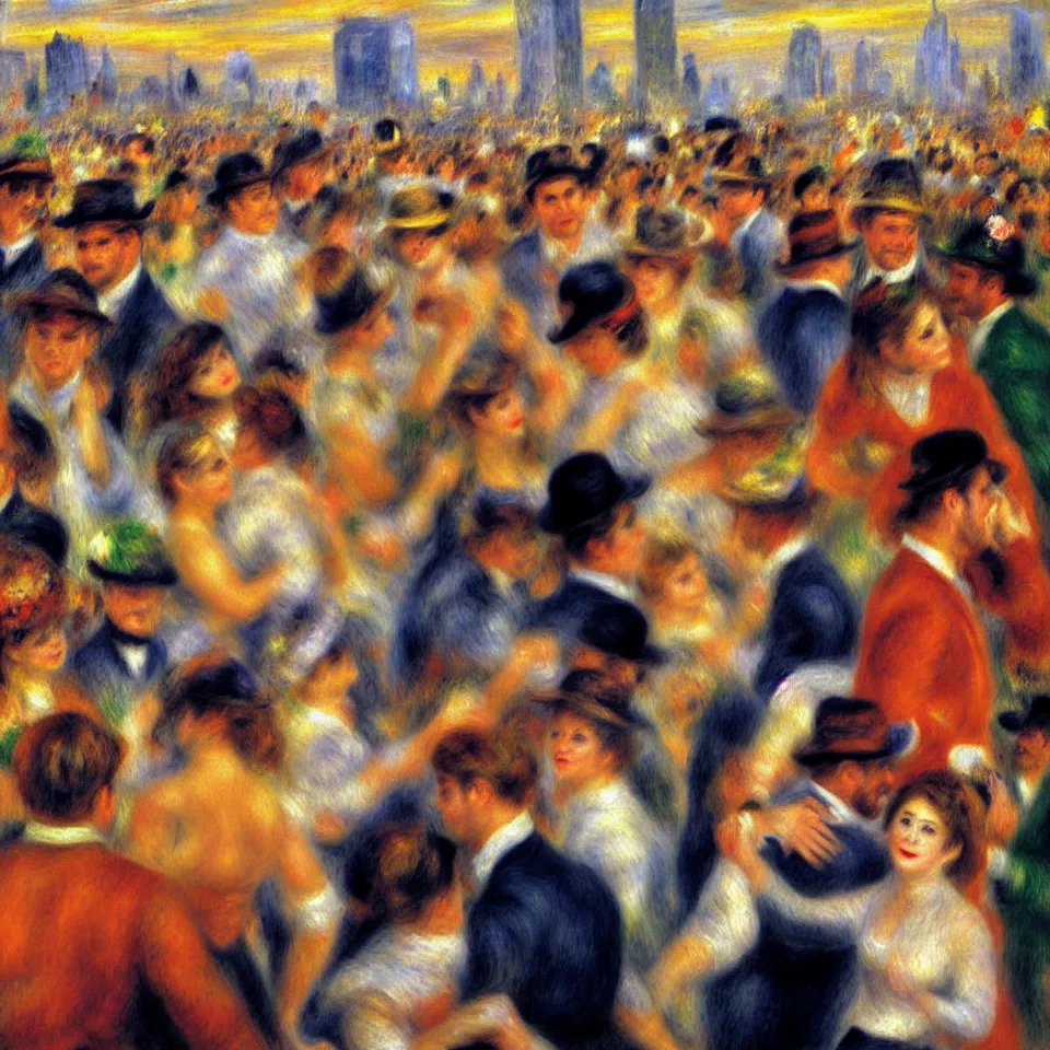 Prompt: renoir painting impressionist exhibition. vivacious joyful atmosphere popular dance new york rooftop twilight. the study of the moving crowd, bathed natural and artificial light, handled using vibrant, brightly coloured brushstrokes. a somewhat blurred impression scene. portrayal popular millenial life. foreground in shadow. 8 5 mm lens. focus. perspective. skyline background. city lights.