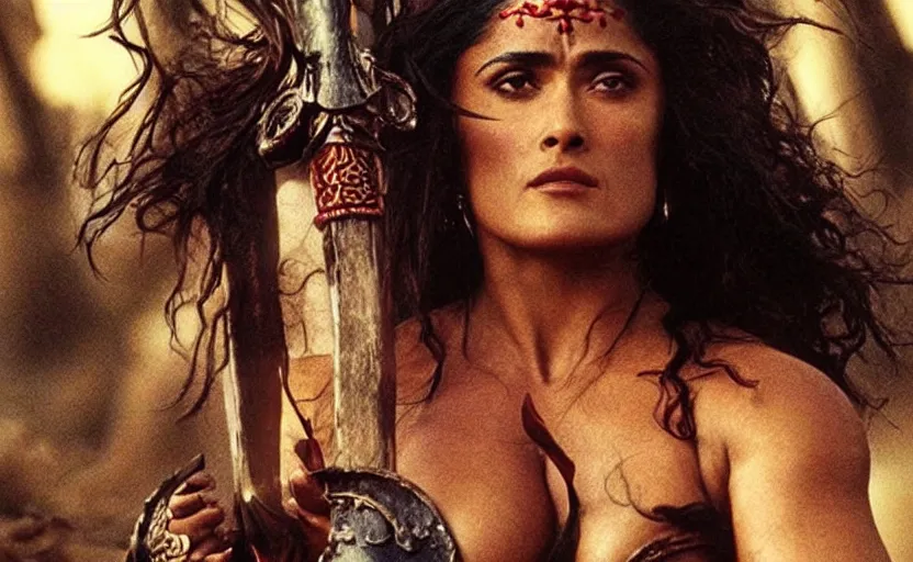 Prompt: epic photo of muscular salma hayek as beautiful barbarian warrior queen with long curly black hair, battle scene with a thousand warriors behind her in the background, sweaty, detailed eyes, neutral expression, shallow depth of field, photorealistic, cinematic lighting, lovely bokeh, warm colours, dusk, movie quality, conan the destroyer 1 9 8 5, movie still, cinemascope