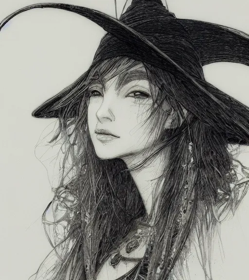 Image similar to portrait of anime woman wearing witch hat, pen and ink, intricate line drawings, by craig mullins, ruan jia, kentaro miura, greg rutkowski, loundraw