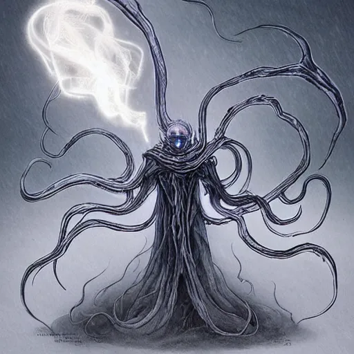 Prompt: concept designs for an ethereal ghostly wraith like figure made from wispy billowing smoke and sparks of electricity with a squid like parasite latched onto its head and long tentacle arms that flow lazily but gracefully at its sides like a cloak while it floats around a frozen rocky tundra in the snow searching for lost souls and that hides amongst the shadows in the trees, this character has hydrokinesis and electrokinesis for the resident evil village video game franchise with inspiration from bioshock the game franchise and Bloodborne and the mind flayer from stranger things on netflix in the style of a marvel comic