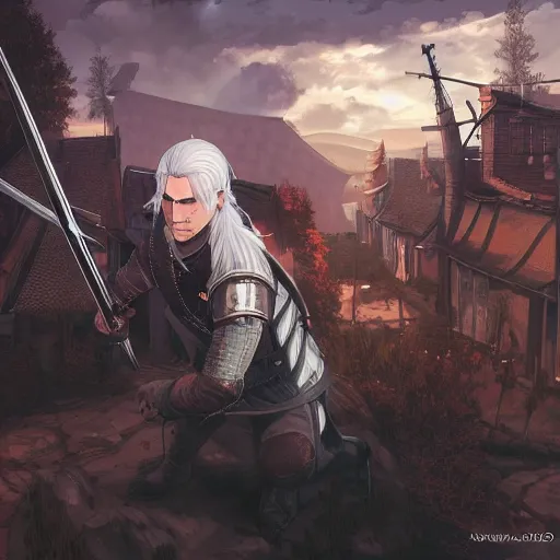 Image similar to Manga art of Witcher at the roof, by Stanley Artgerm Lau, WLOP, Rossdraws, James Jean, Andrei Riabovitchev, Marc Simonetti, Yoshitaka Amano, ArtStation, CGSociety,