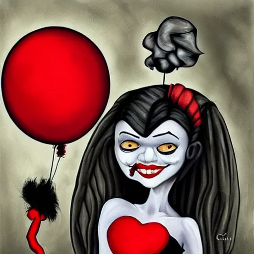 Image similar to grunge cartoon painting of kylie jenner with a wide smile and a red balloon by chris leib, loony toons style, pennywise style, corpse bride style, horror theme, detailed, elegant, intricate