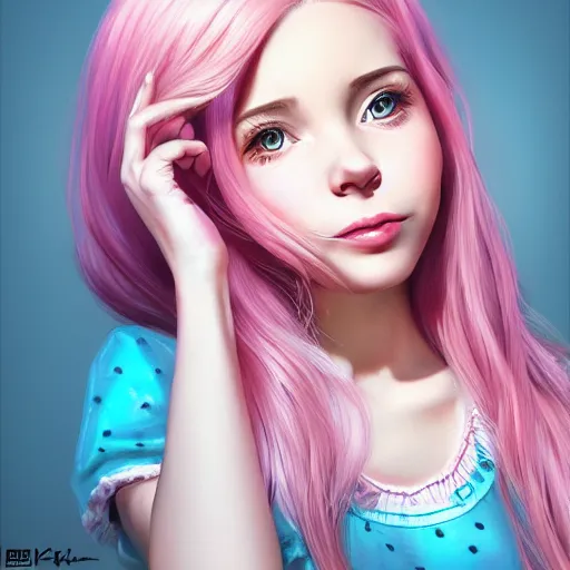 Image similar to belle delphine with pastel pink hair and shiny brown eyes, elegant, ultra highly detailed, digital painting, smooth, sharp focus, artstation, art by Ilya Kuvshinov