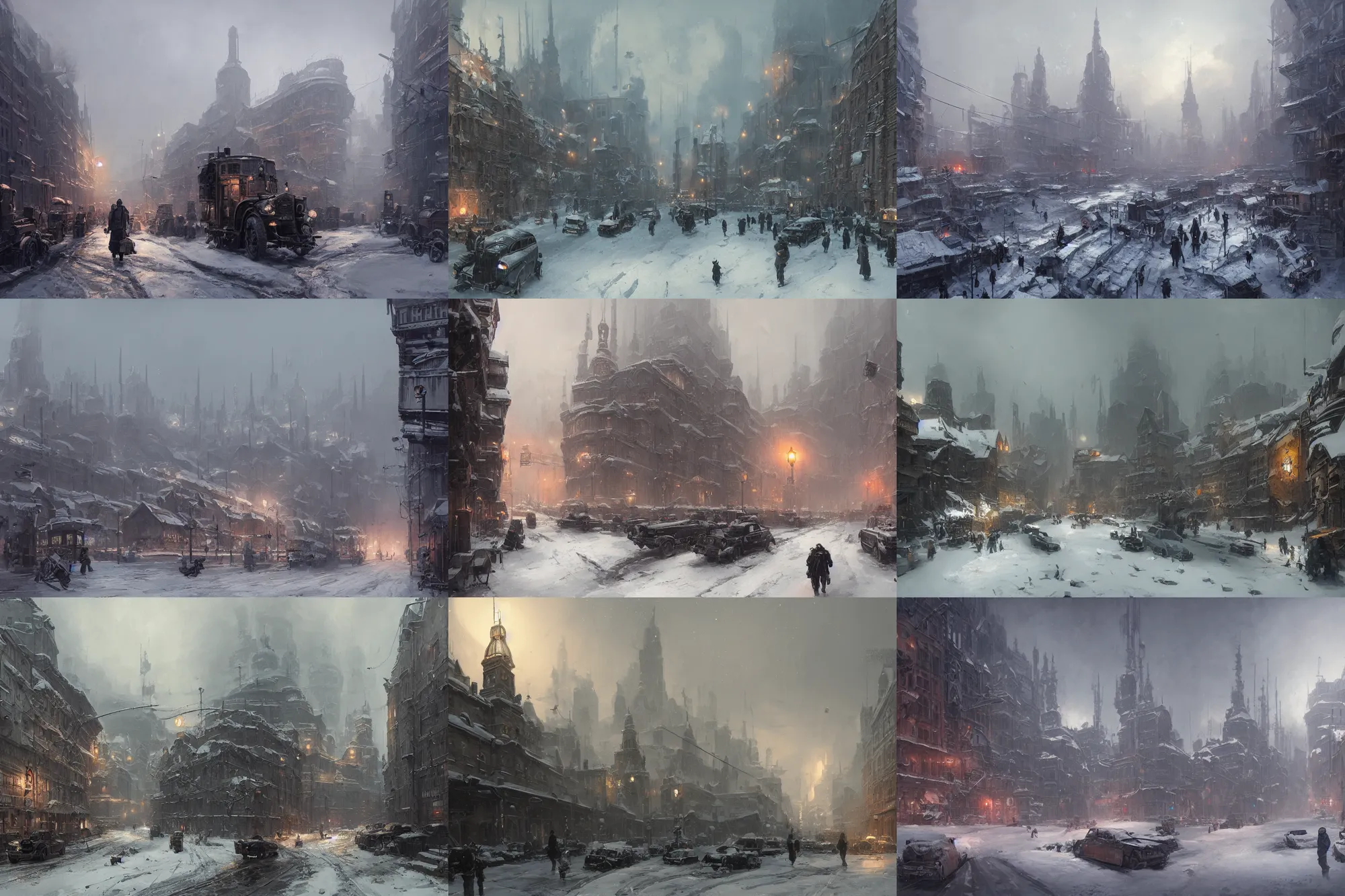 Image similar to highly detailed painting of dieselpunk stockholm, winter, snow, dystopia, by greg rutkowski, 4 k resolution, trending on artstation