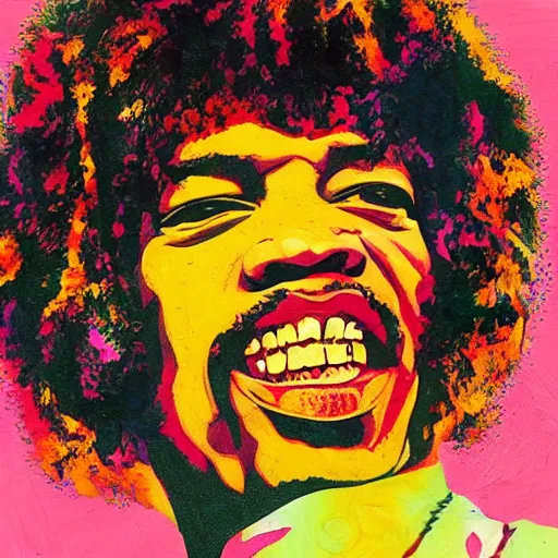 Prompt: jimi hendrix in the style of david hockney