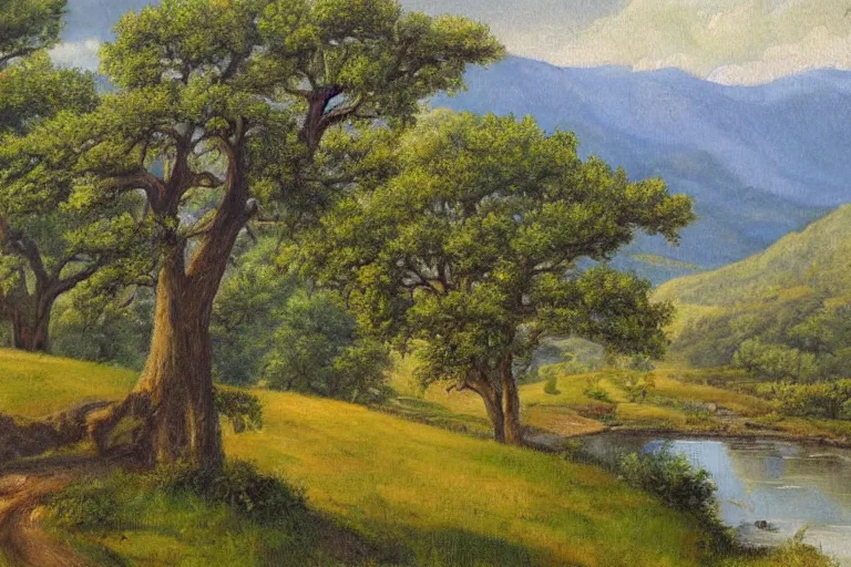 Image similar to masterpiece painting of oak trees on a hillside overlooking a creek, by jan schmuckal