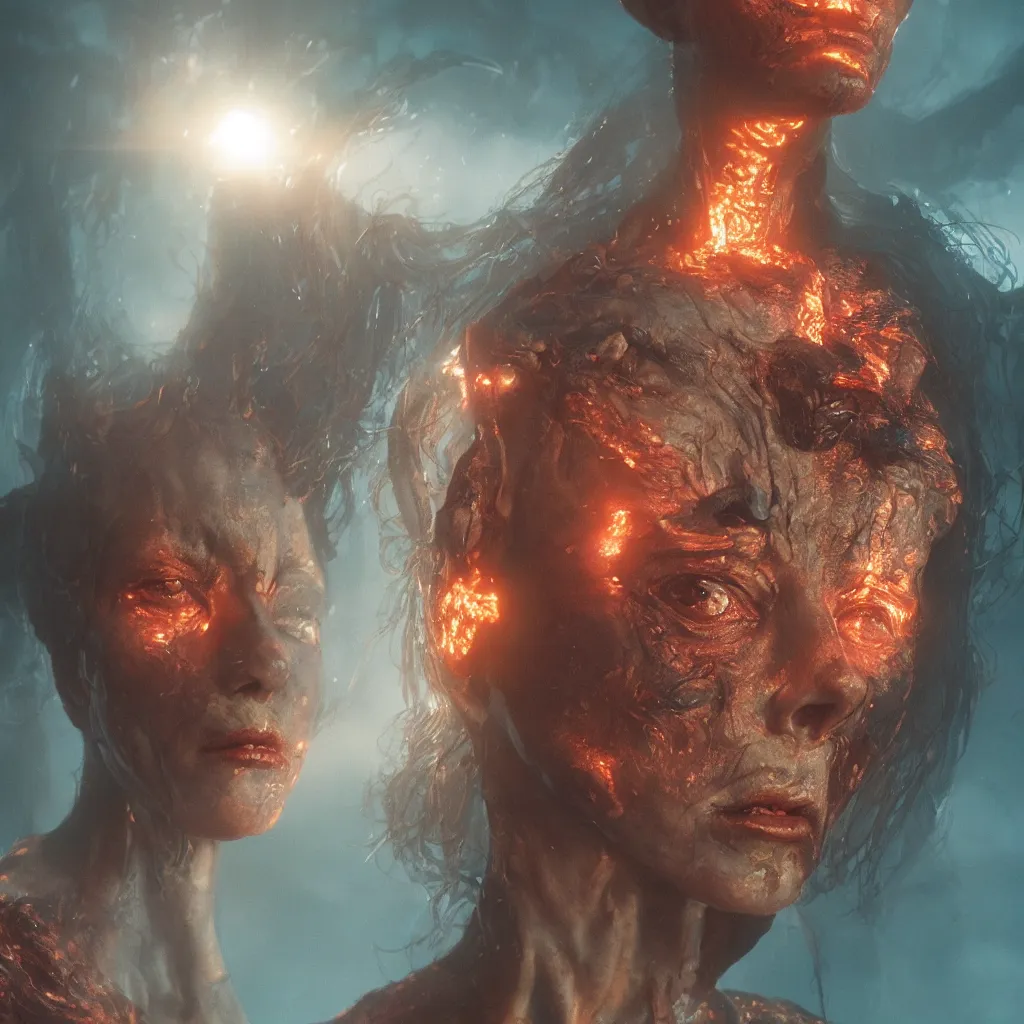 Image similar to extremely detailed cinematic movie still of fire goddess hyperreal skin face by denis villeneuve, wayne barlowe, simon birch, marc simonetti, philippe druillet, beeple bright volumetric sunlight, rich moody colors, bokeh