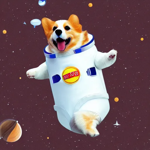 Prompt: corgi floating in space wearing a space suit, photorealism, cute, happy